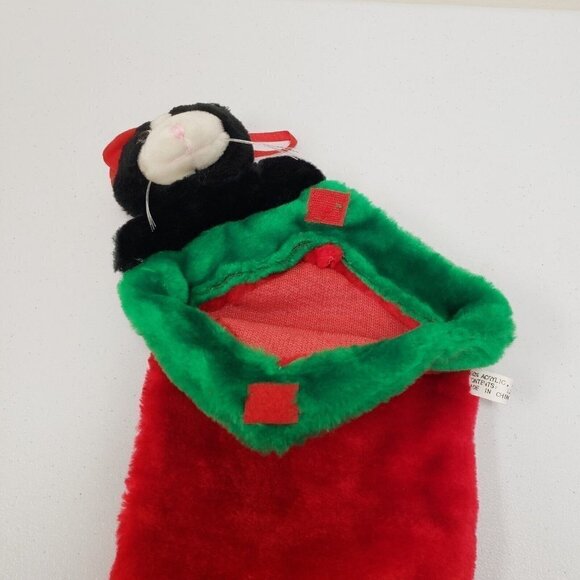 Black White Kitty Cat Christmas Holiday Stocking Felt Eyes Red Hat Plush - Picture 9 of 10